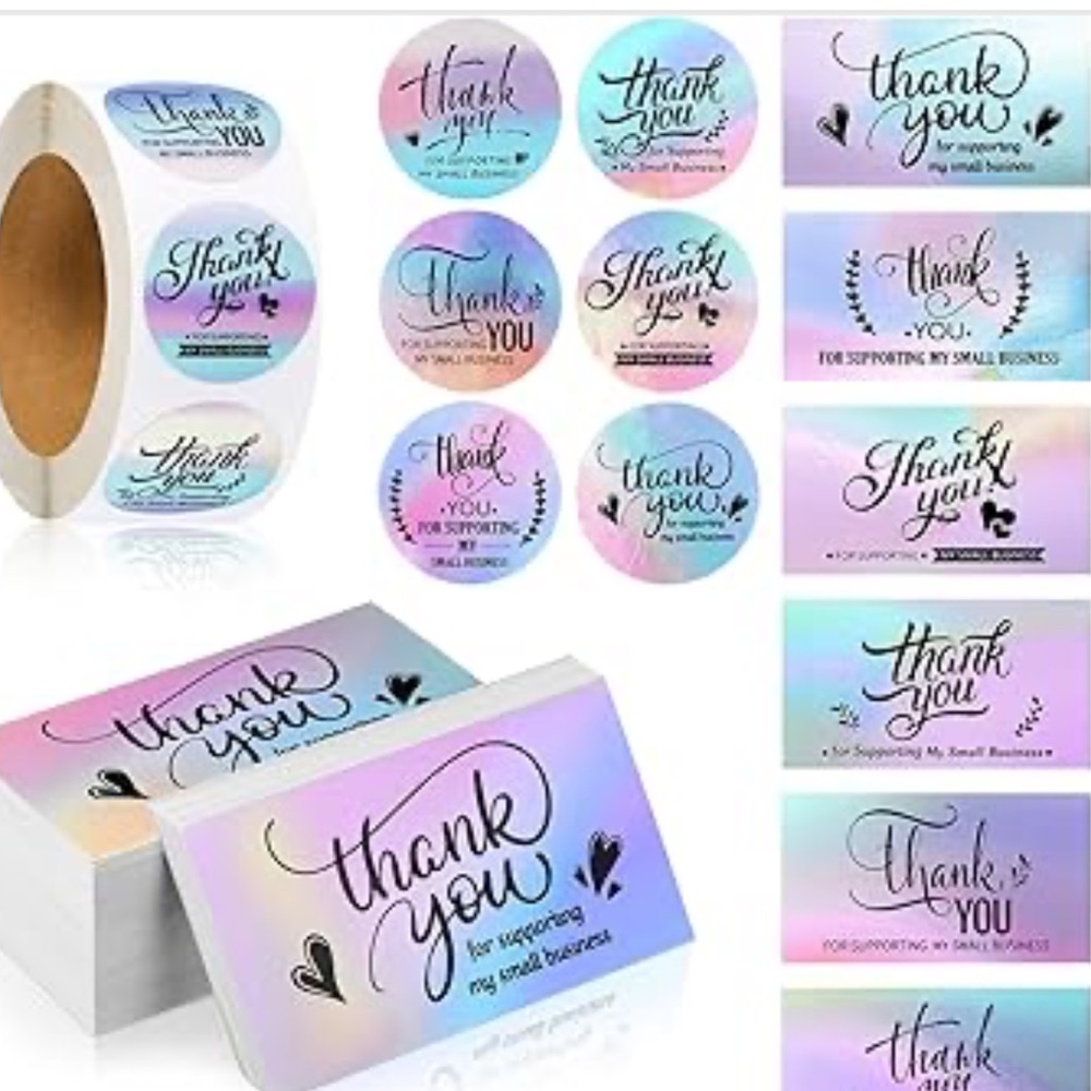 Thank You Cards and Stickers in Silver/Holographic or Black with Gold accents